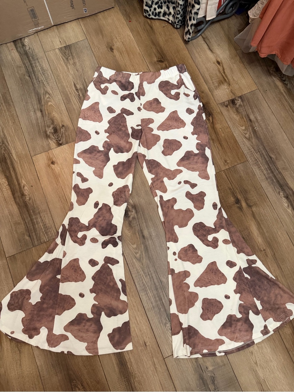 Cow-Print Flare Pants in White & Brown
